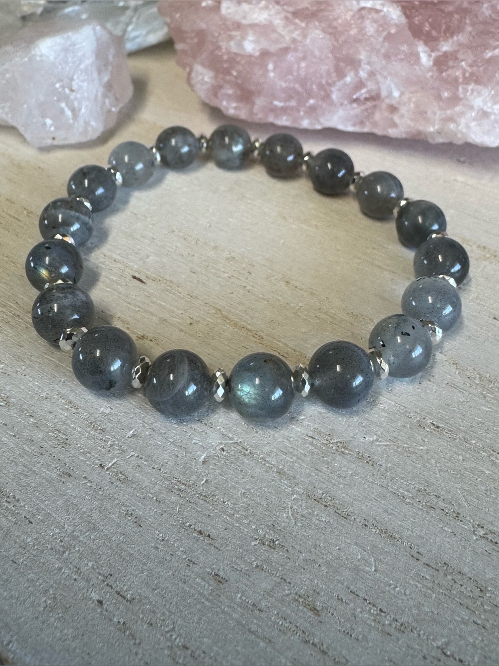 Labradorite Beaded Gemstone Stretch Bracelet - Gray Blue Sparkle -l